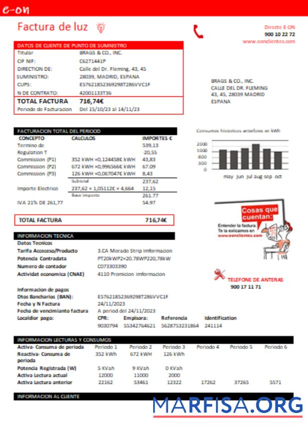 Printable E.ON Spain electricity utility business bill, SCR template